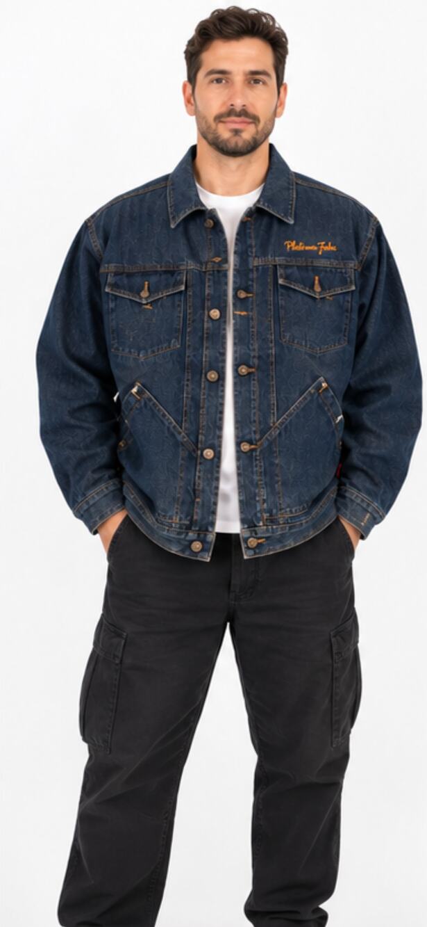 Platinum Fubu Dark Wash Denim Jacket with Fat Albert Back Graphic, Button Front
